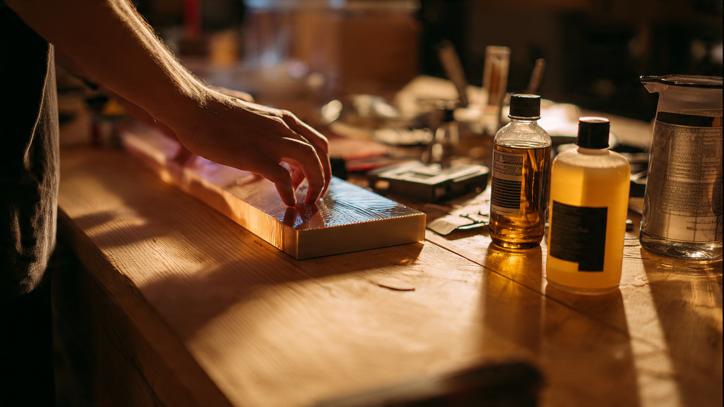 Manos midiendo resina epoxi con báscula de precisión en taller de madera