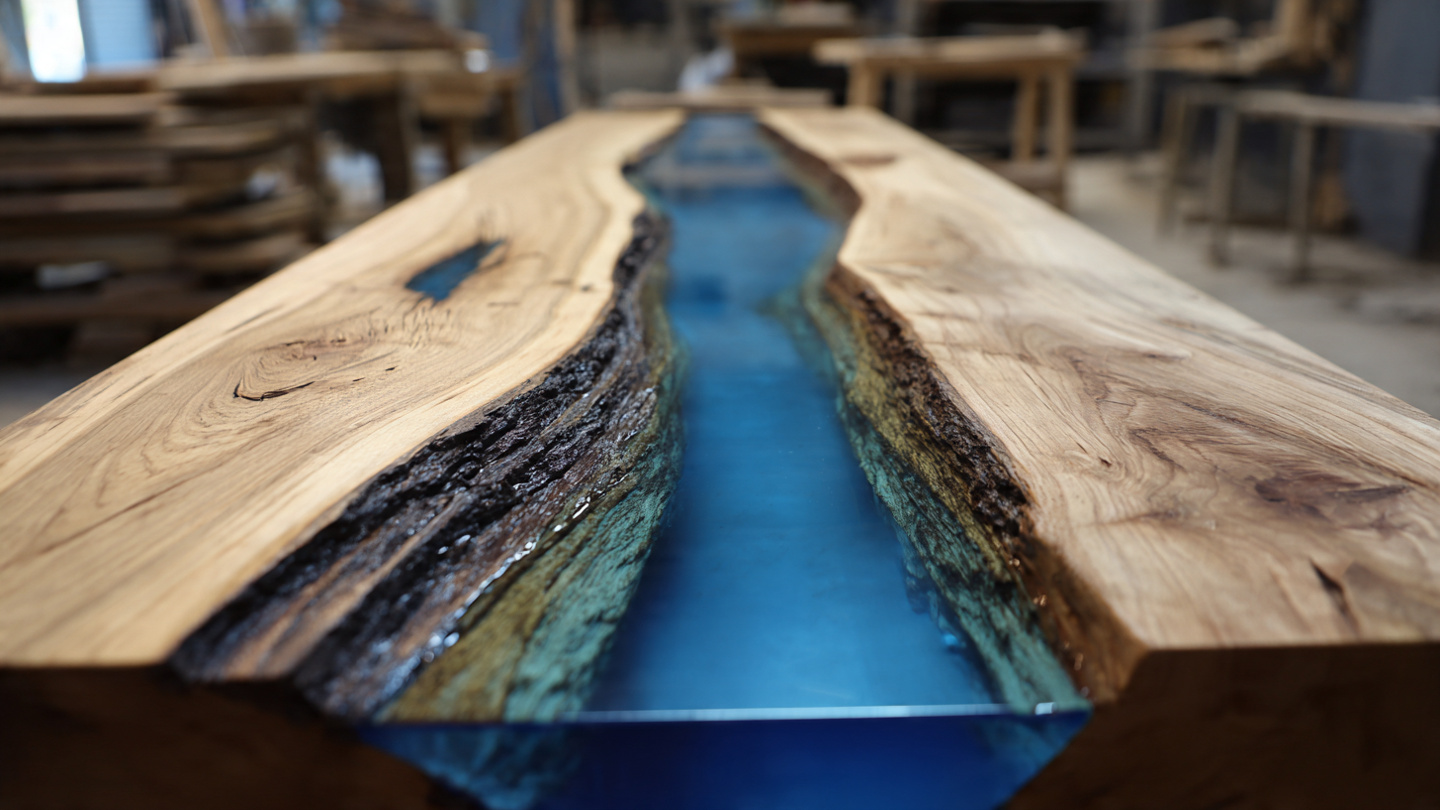 Resina epoxi azul entre tablones de madera con efecto río en taller